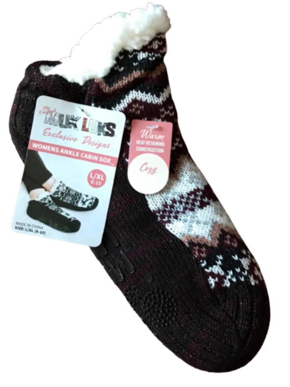 Muk Luks Ankle Cabin Sox Slipper Socks, Faux Sherpa Fur Lining, Size L/XL (8-10)